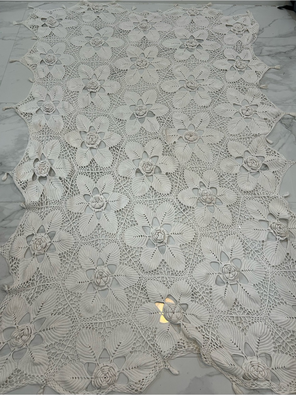 Table Cover Linen Handmade 70”x 50” Rectangular Cream Crochet Floral and Tassels